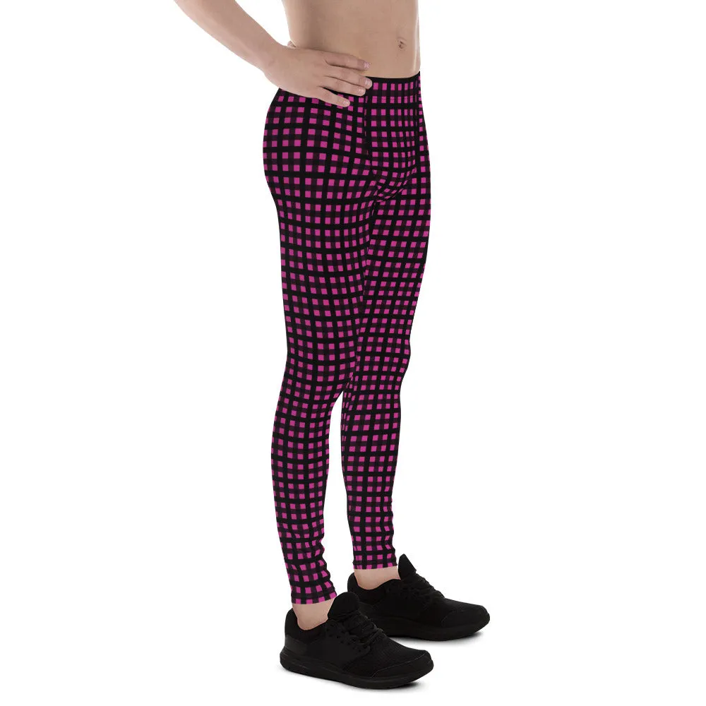 Hot Pink Buffalo Men's Tights, Plaid Print Designer Men's Leggings Compression Tights -Made in USA/EU