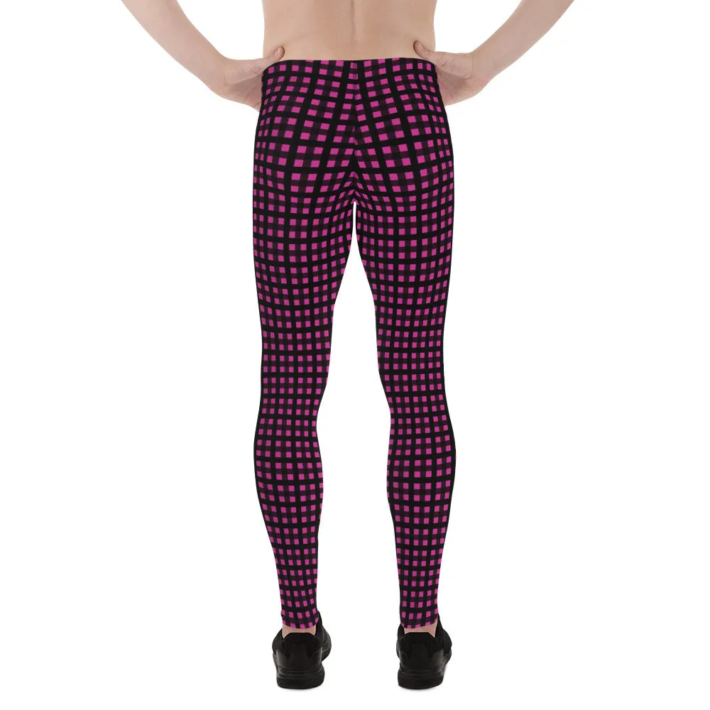 Hot Pink Buffalo Men's Tights, Plaid Print Designer Men's Leggings Compression Tights -Made in USA/EU