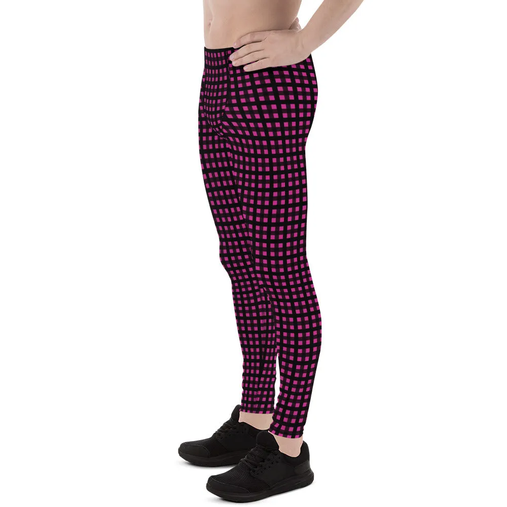 Hot Pink Buffalo Men's Tights, Plaid Print Designer Men's Leggings Compression Tights -Made in USA/EU