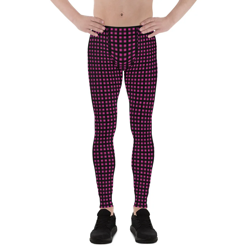 Hot Pink Buffalo Men's Tights, Plaid Print Designer Men's Leggings Compression Tights -Made in USA/EU