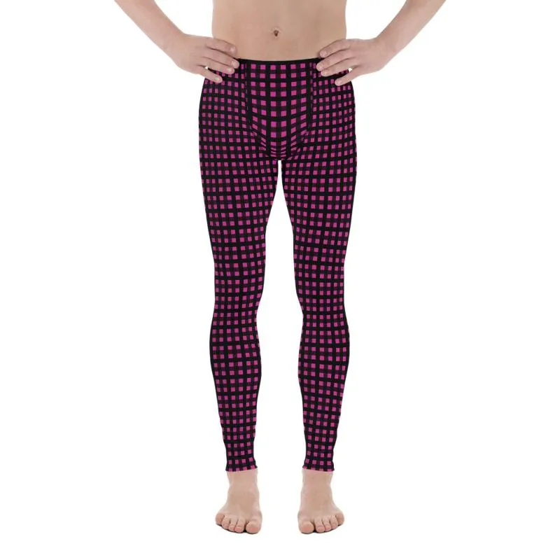 Hot Pink Buffalo Men's Tights, Plaid Print Designer Men's Leggings Compression Tights -Made in USA/EU