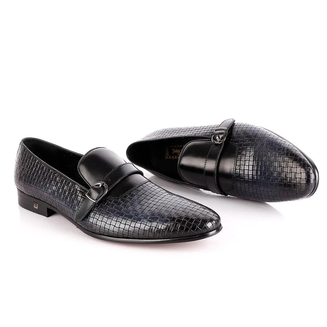 John Foster Croc Leather Slip-on  With Strap Shoe-Black