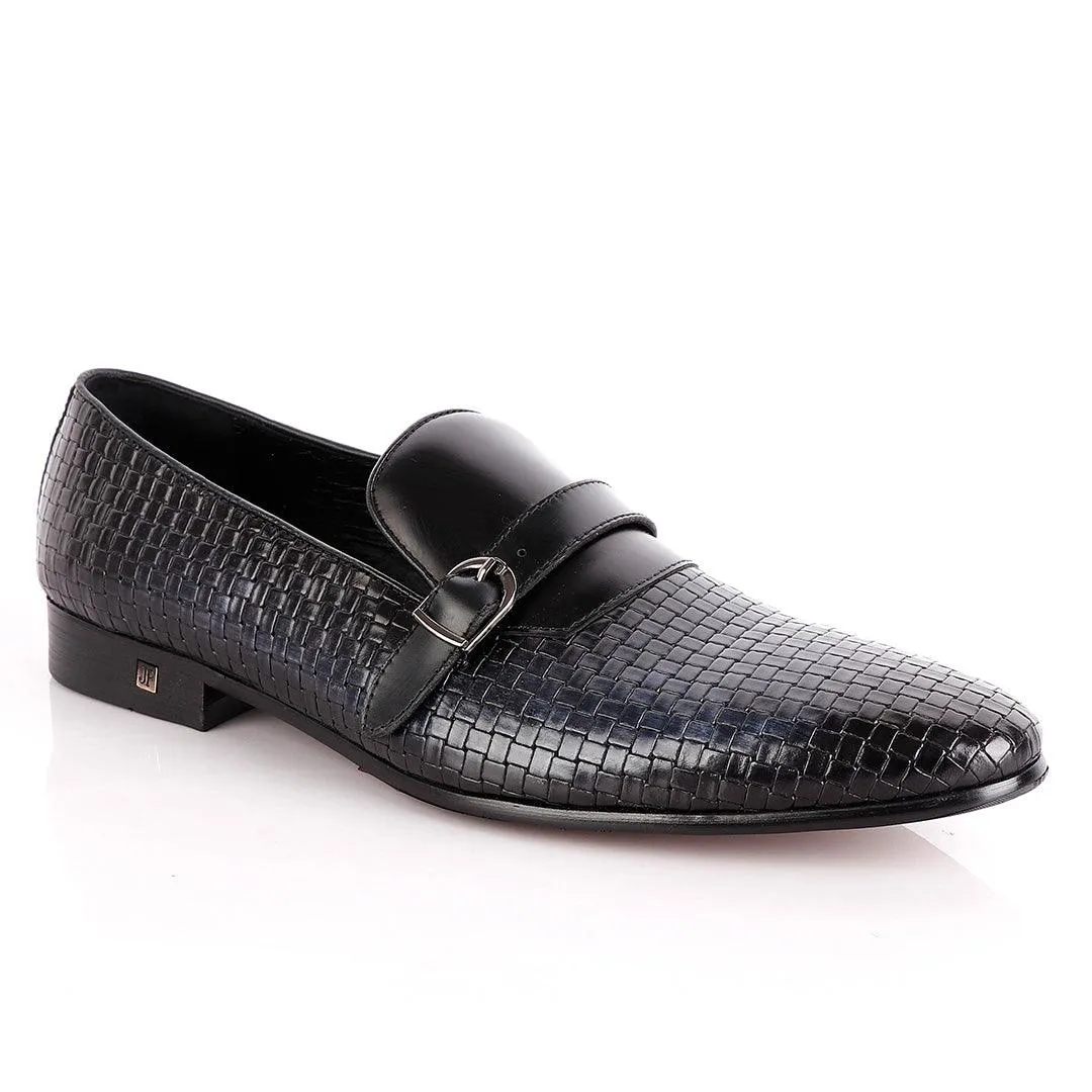 John Foster Croc Leather Slip-on  With Strap Shoe-Black