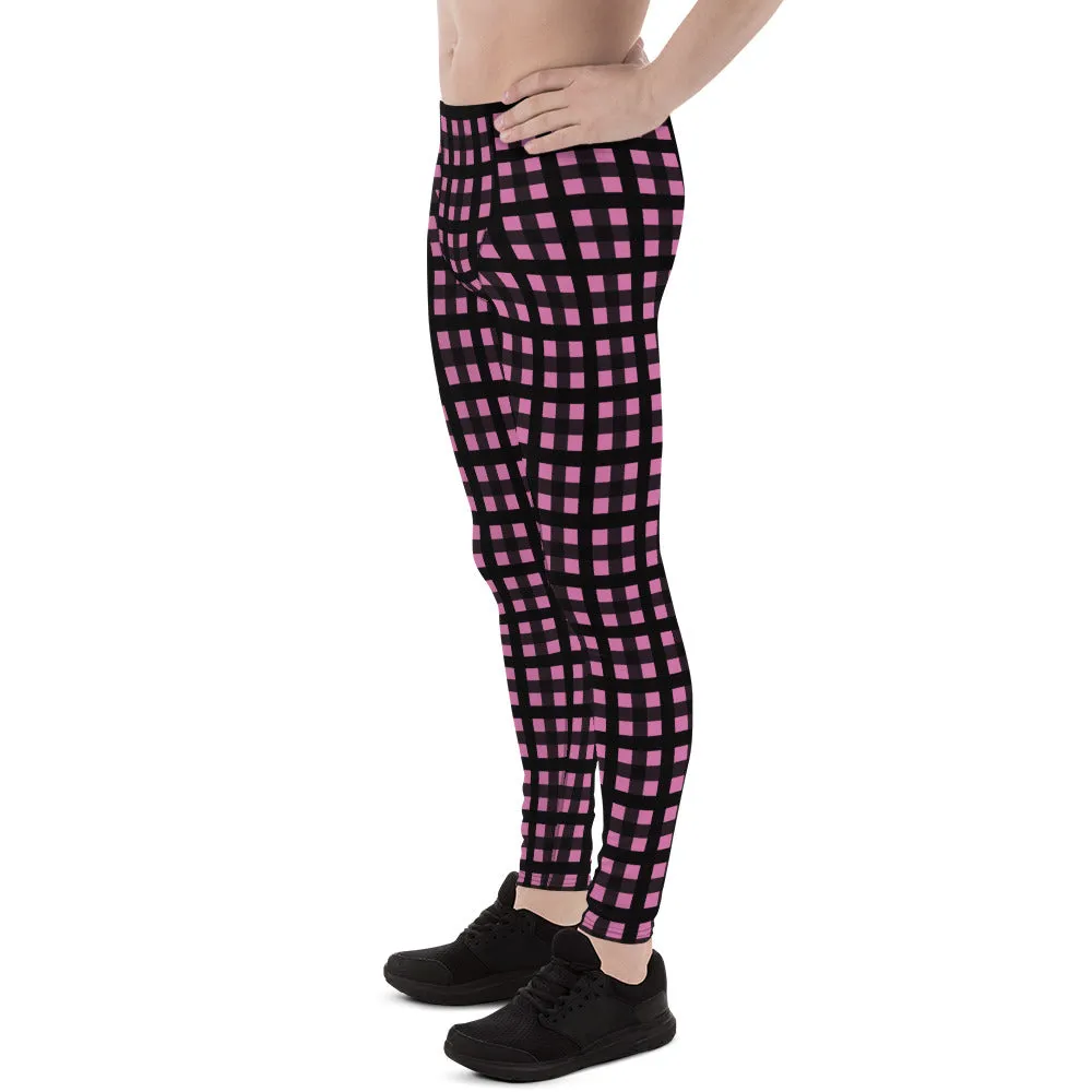 Light Pink Buffalo Plaid Meggings, Plaid Print Premium Men's Run Tights-Made in USA/EU