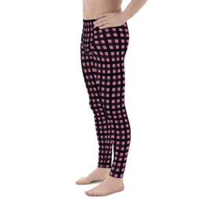 Light Pink Buffalo Plaid Meggings, Plaid Print Premium Men's Run Tights-Made in USA/EU