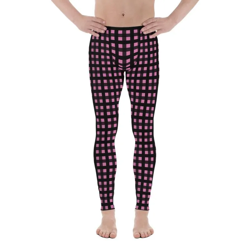 Light Pink Buffalo Plaid Meggings, Plaid Print Premium Men's Run Tights-Made in USA/EU