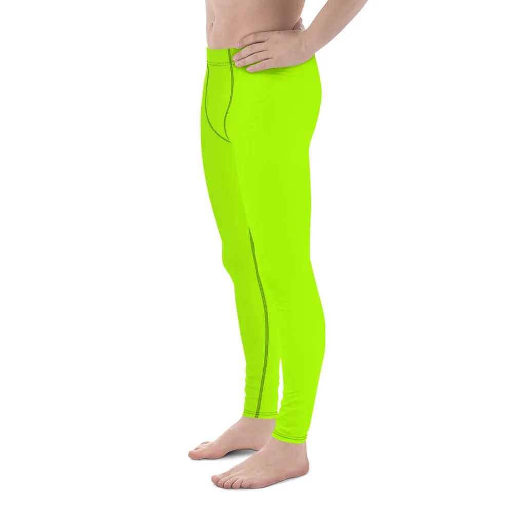 Lime Green Neon Print Meggings, Solid Color Men's Leggings, Running Meggings Activewear- Made in USA/EU