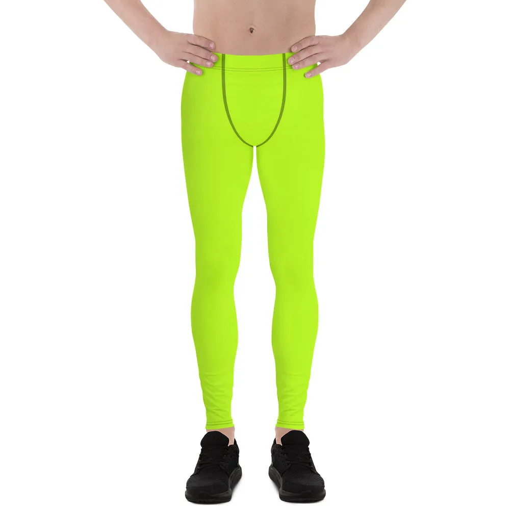 Lime Green Neon Print Meggings, Solid Color Men's Leggings, Running Meggings Activewear- Made in USA/EU