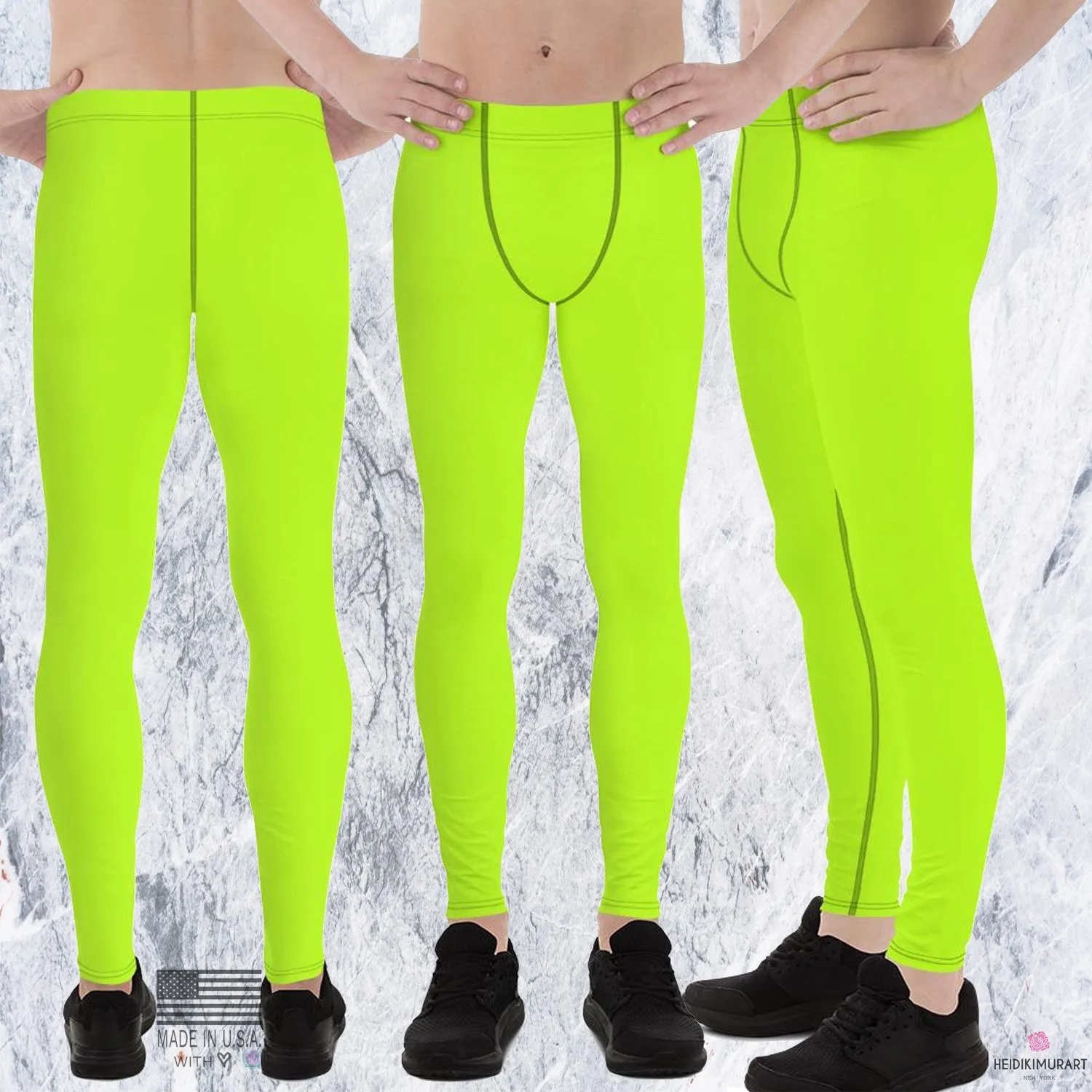 Lime Green Neon Print Meggings, Solid Color Men's Leggings, Running Meggings Activewear- Made in USA/EU