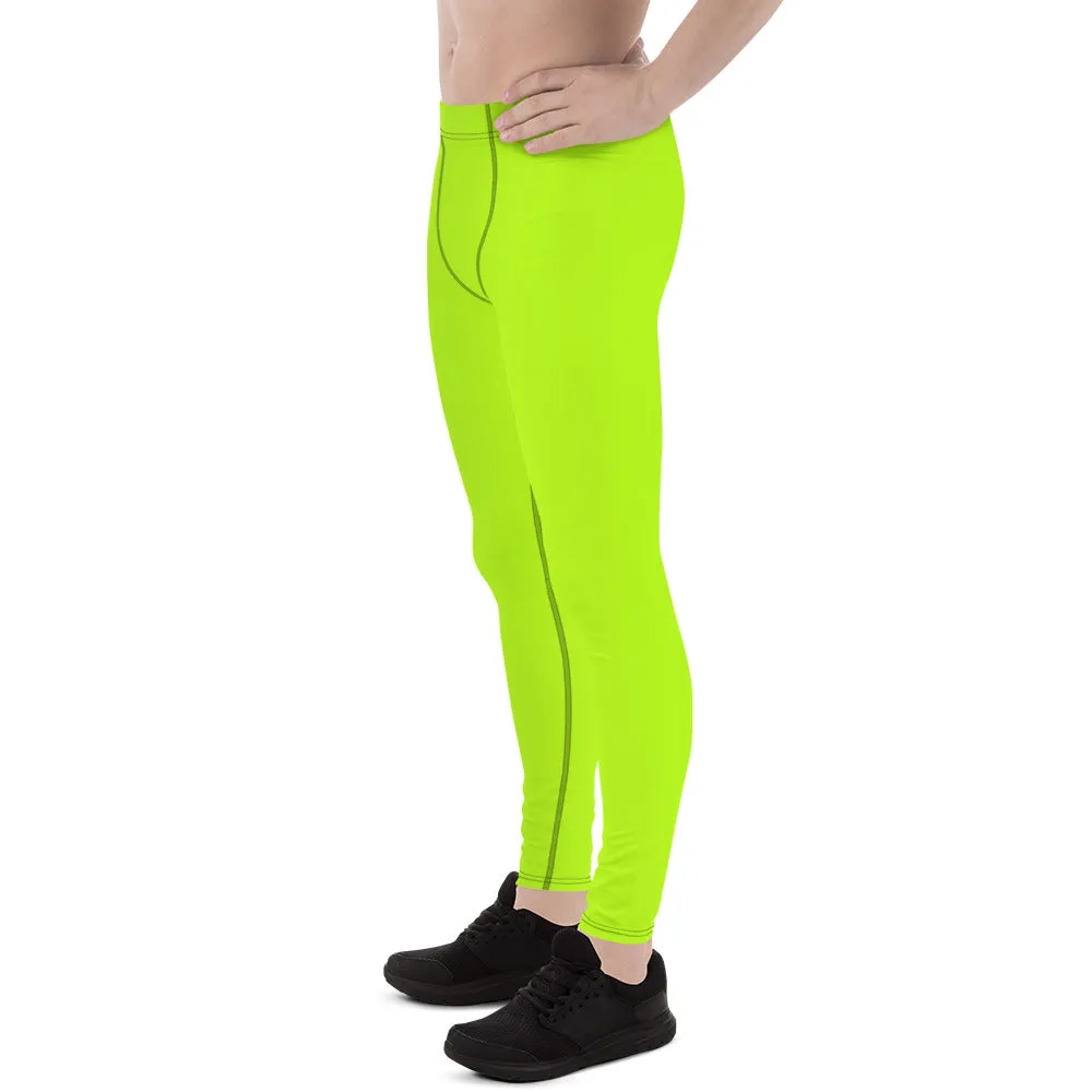 Lime Green Neon Print Meggings, Solid Color Men's Leggings, Running Meggings Activewear- Made in USA/EU