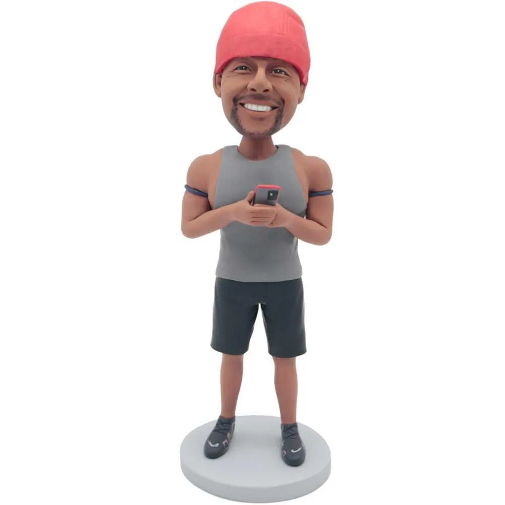 Male Fitness Coach In Grey Vest And Holding Cellphone Custom Figure Bobbleheads