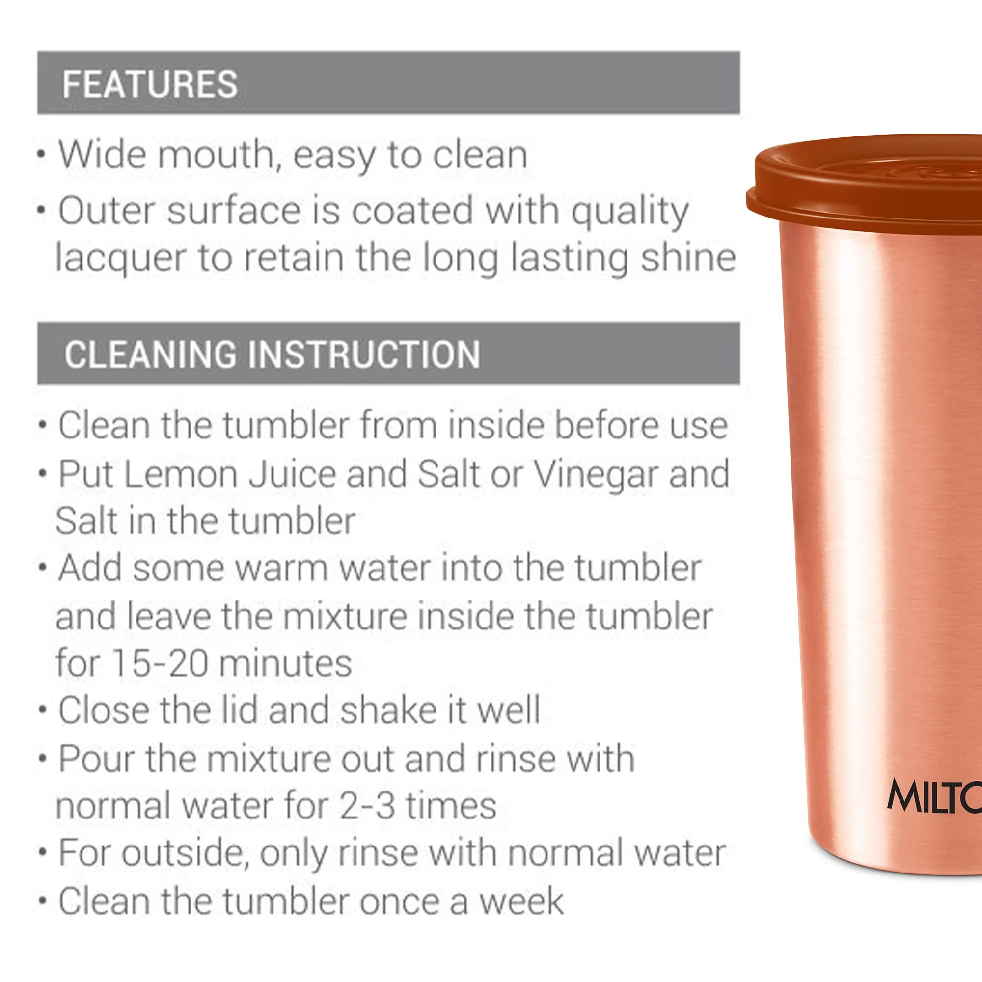 MILTON Copper Drinking Water Tumbler with Lid, 1 Piece, 480 ml, Copper | 100% Leak Proof | Office | Gym | Yoga | Home | Kitchen | Hiking | Treking | Travel Tumbler