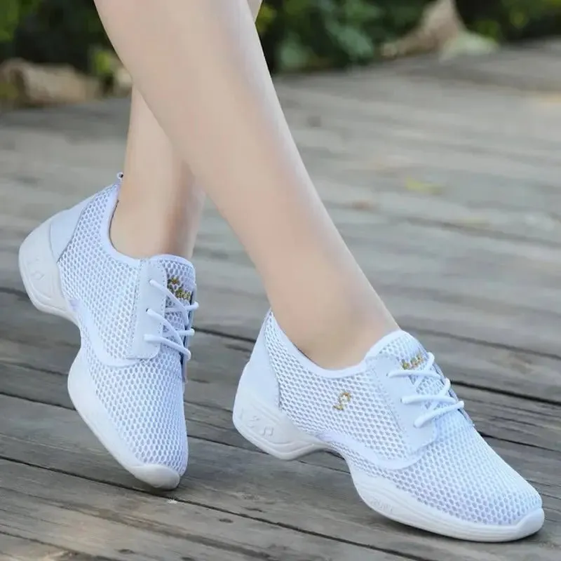 Modern Jazz Dance Sneakers Women Breathable Mesh Lace Up Practice Shoes Cushioning Lightweight Fitness Trainers