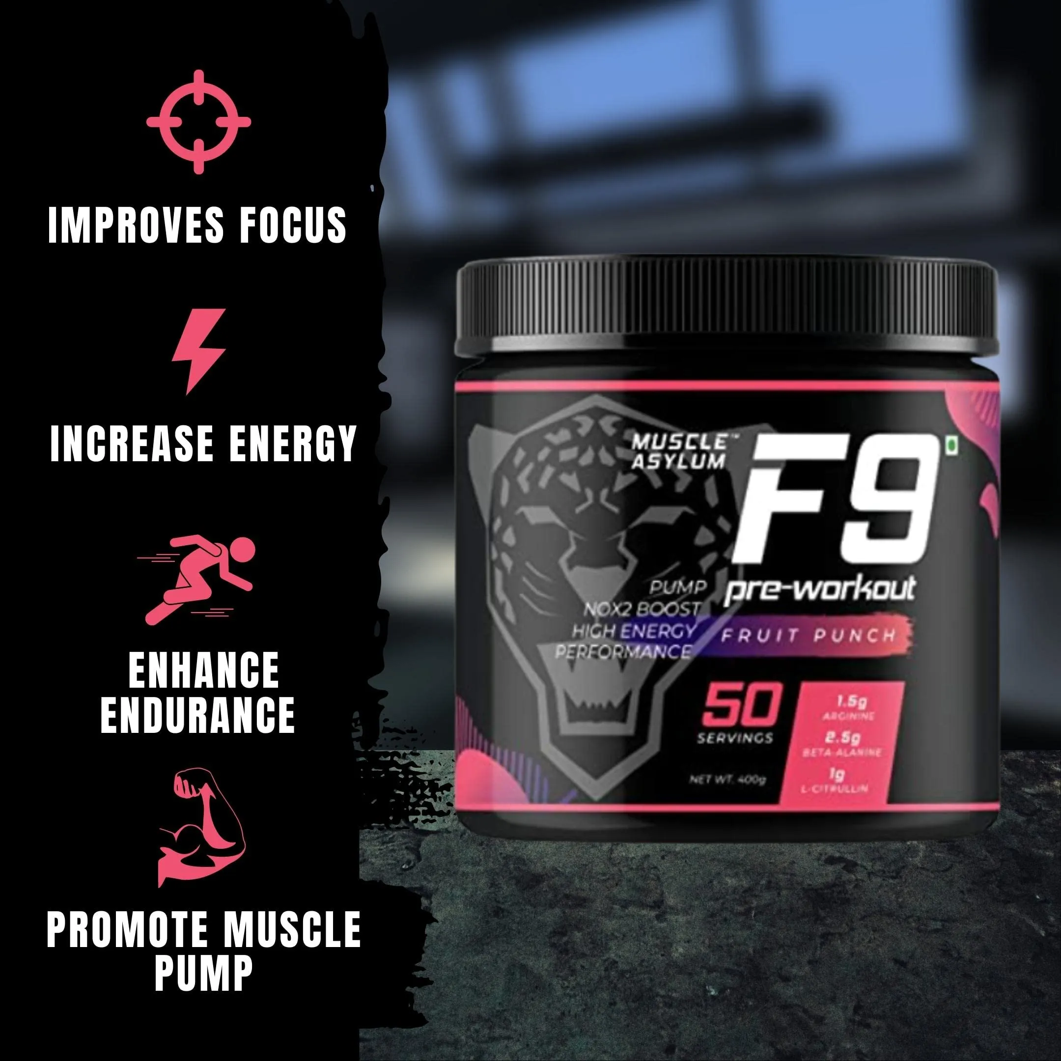 Muscle Asylum F9 Pre-Workout - 50 Servings, 400gm (Fruit Punch)