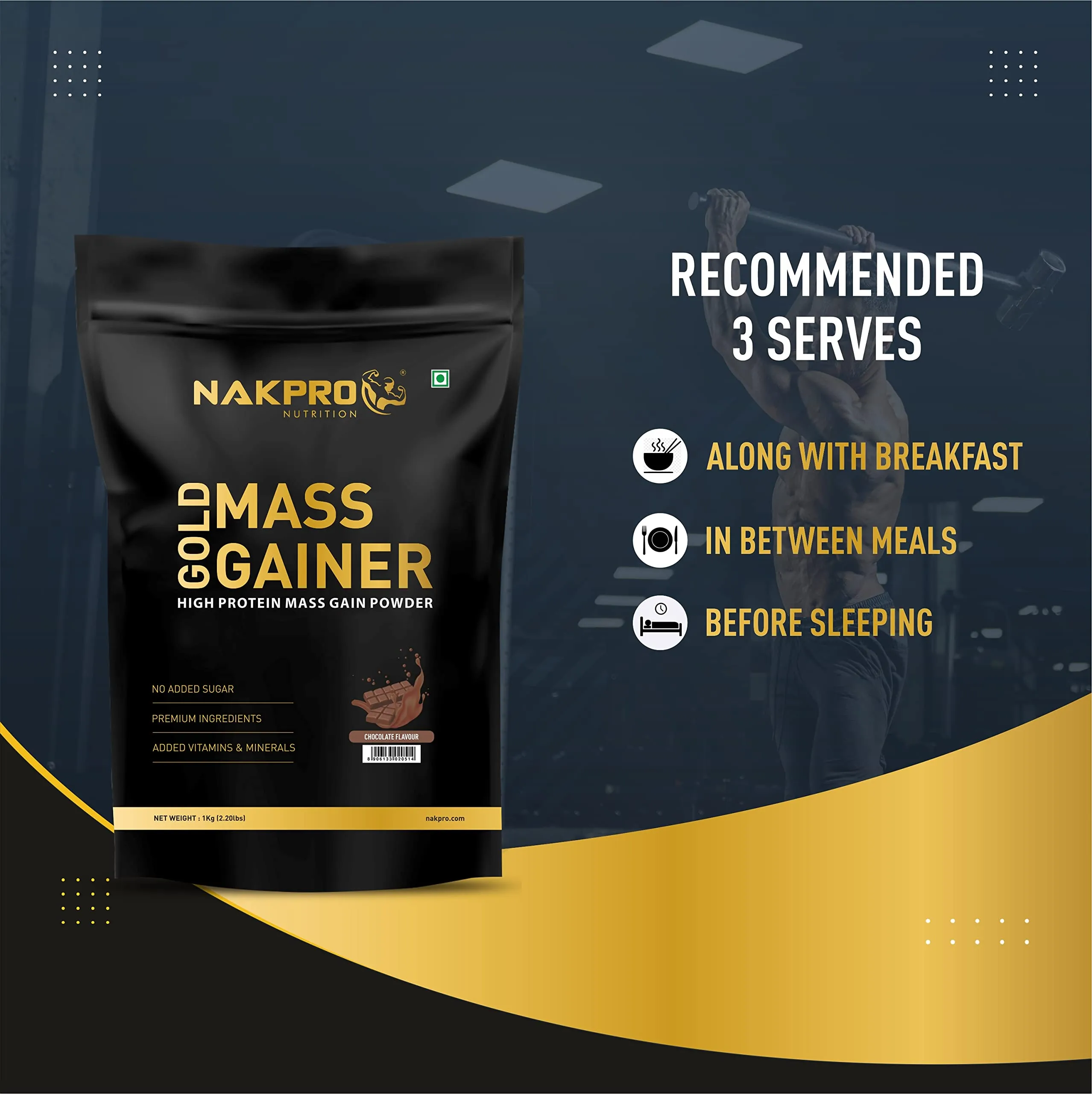 Nakpro Gold Mass Gainer Powder 1 Kg, Chocolate| Lean Muscle Whey Protein Mass Gainer | 21g Protein, 68g Carb, 372 Calories Per Scoop for Muscle Support & Muscle Mass Gain