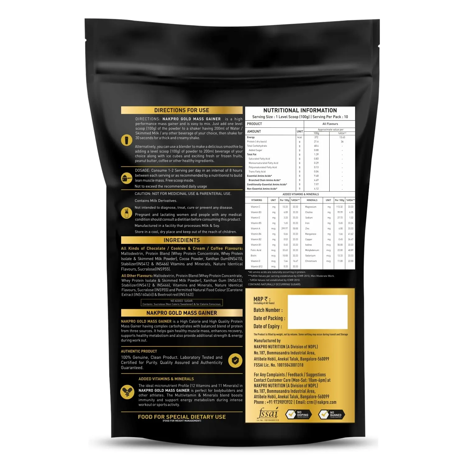 Nakpro Gold Mass Gainer Powder 1 Kg, Chocolate| Lean Muscle Whey Protein Mass Gainer | 21g Protein, 68g Carb, 372 Calories Per Scoop for Muscle Support & Muscle Mass Gain