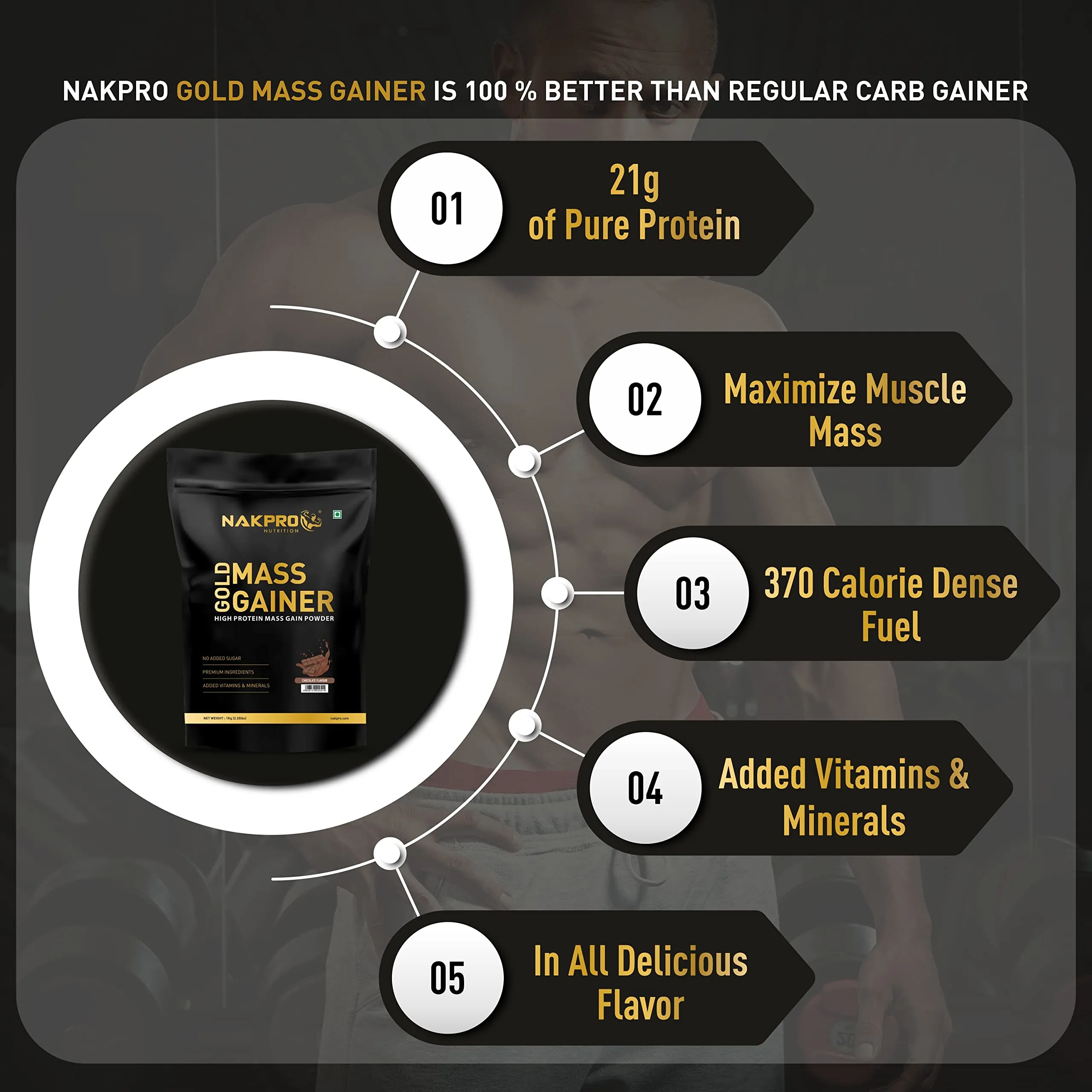 Nakpro Gold Mass Gainer Powder 1 Kg, Chocolate| Lean Muscle Whey Protein Mass Gainer | 21g Protein, 68g Carb, 372 Calories Per Scoop for Muscle Support & Muscle Mass Gain