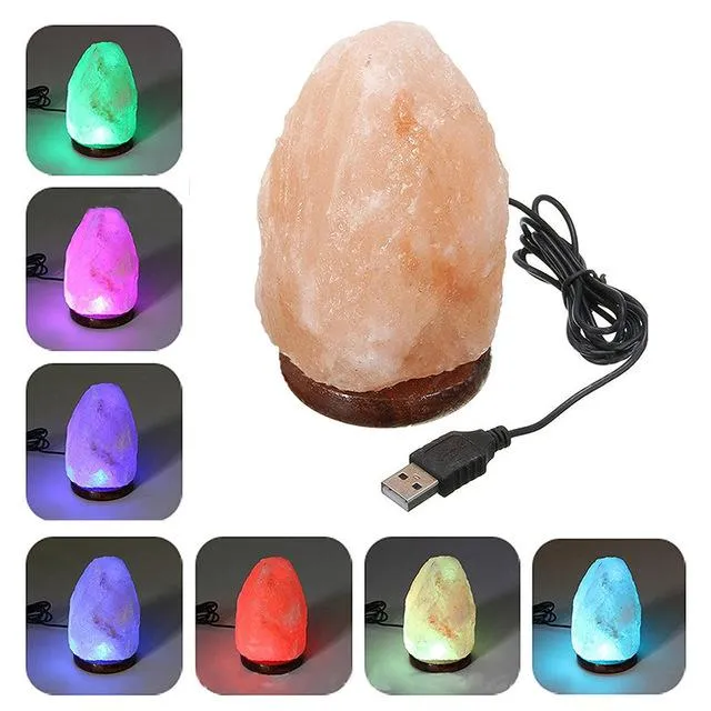 Natural Himalayan Salt Lamp, Changeable Colors Glow Hand Carved Crystal Rock Wood Base Air Purifier