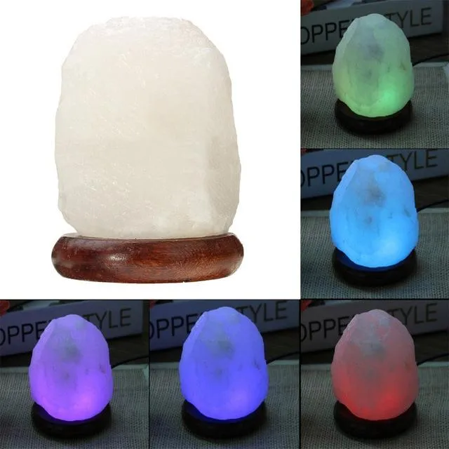 Natural Himalayan Salt Lamp, Changeable Colors Glow Hand Carved Crystal Rock Wood Base Air Purifier