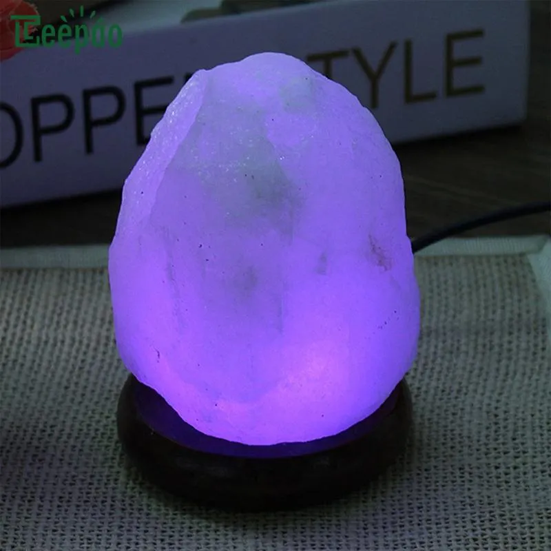 Natural Himalayan Salt Lamp, Changeable Colors Glow Hand Carved Crystal Rock Wood Base Air Purifier