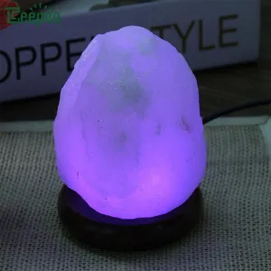 Natural Himalayan Salt Lamp, Changeable Colors Glow Hand Carved Crystal Rock Wood Base Air Purifier