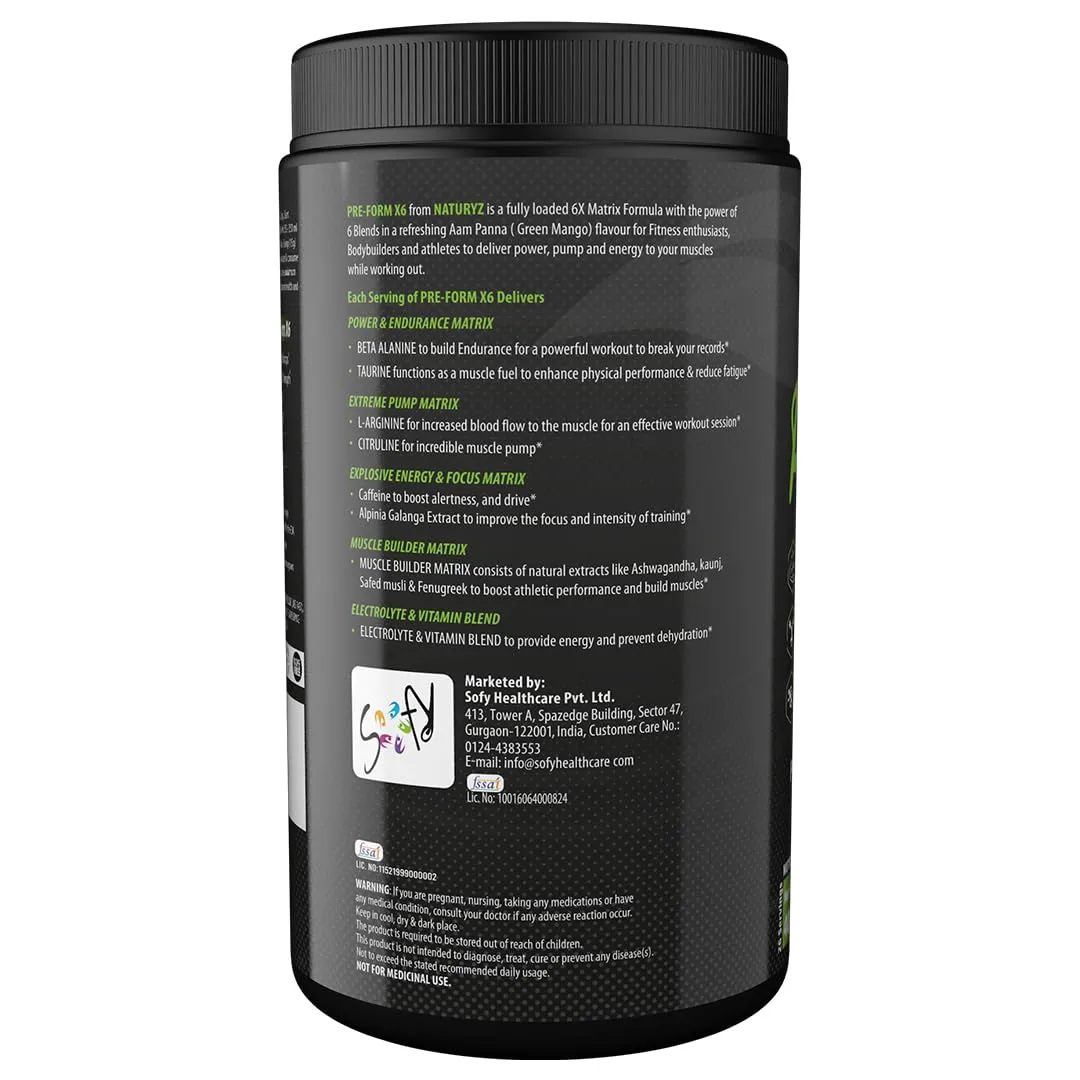 Naturyz Pre - Form X6 Pre Workout Supplement With Highest 19 Nutrients For Extreme Pump, Powder, Endurance, Energy, Focus, Muscle Builder, Vitamins & Electrolytes- 400G (Aam Panna Flavour)