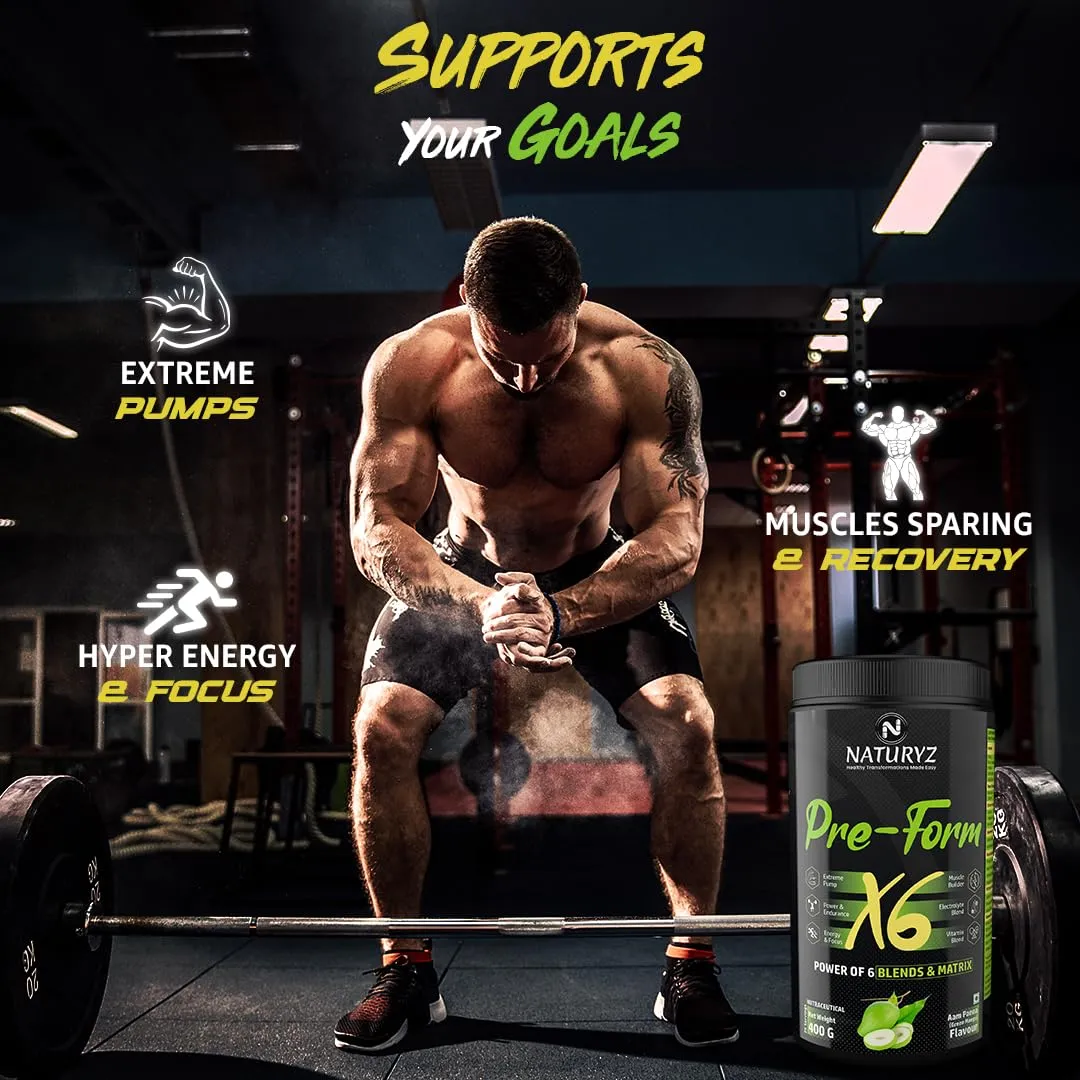 Naturyz Pre - Form X6 Pre Workout Supplement With Highest 19 Nutrients For Extreme Pump, Powder, Endurance, Energy, Focus, Muscle Builder, Vitamins & Electrolytes- 400G (Aam Panna Flavour)