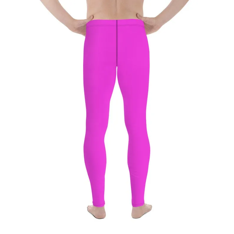 Neon Pink Meggings, Bright Cute Solid Color Pink Premium Quality Men's Running Leggings Run Tights - Made in USA/EU