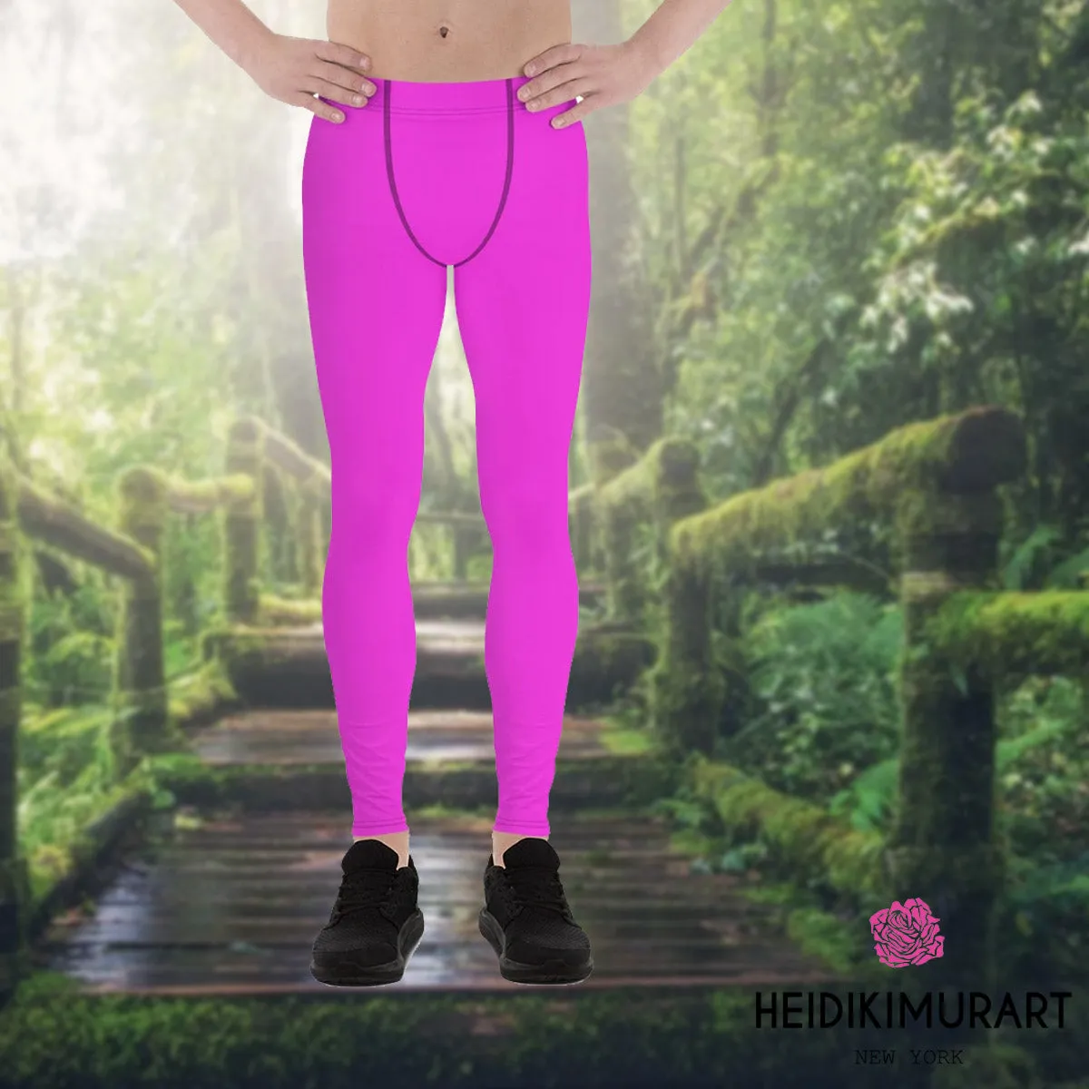 Neon Pink Meggings, Bright Cute Solid Color Pink Premium Quality Men's Running Leggings Run Tights - Made in USA/EU