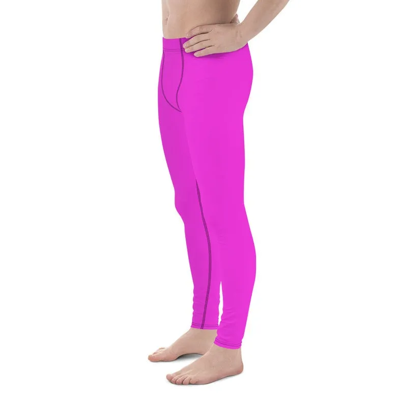 Neon Pink Meggings, Bright Cute Solid Color Pink Premium Quality Men's Running Leggings Run Tights - Made in USA/EU