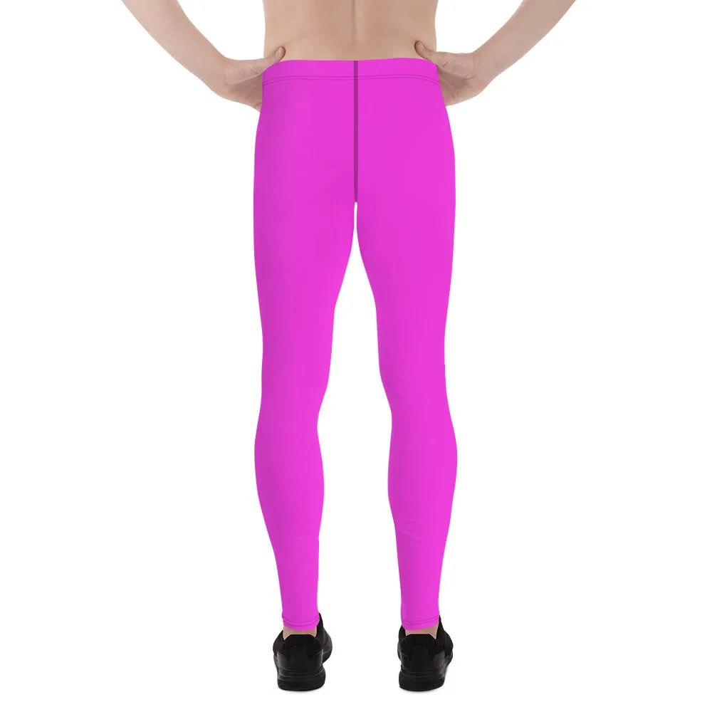 Neon Pink Meggings, Bright Cute Solid Color Pink Premium Quality Men's Running Leggings Run Tights - Made in USA/EU