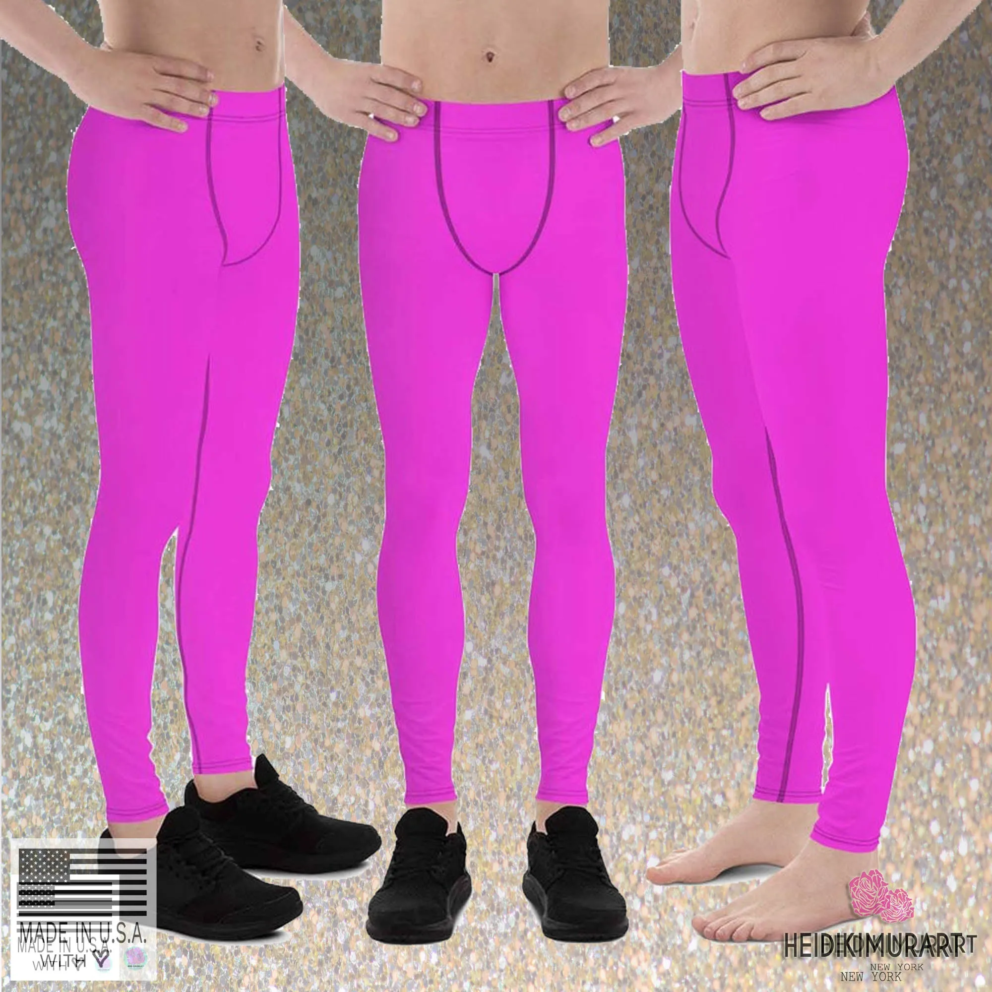 Neon Pink Meggings, Bright Cute Solid Color Pink Premium Quality Men's Running Leggings Run Tights - Made in USA/EU