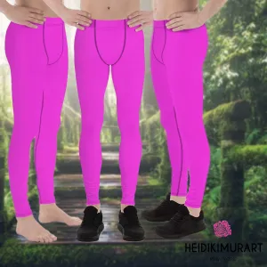 Neon Pink Meggings, Bright Cute Solid Color Pink Premium Quality Men's Running Leggings Run Tights - Made in USA/EU