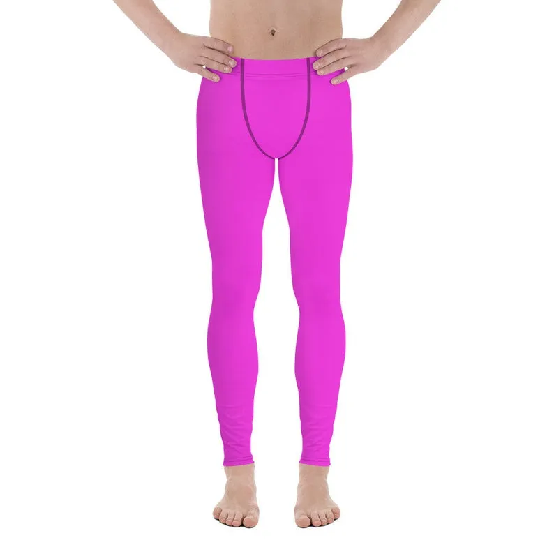 Neon Pink Meggings, Bright Cute Solid Color Pink Premium Quality Men's Running Leggings Run Tights - Made in USA/EU