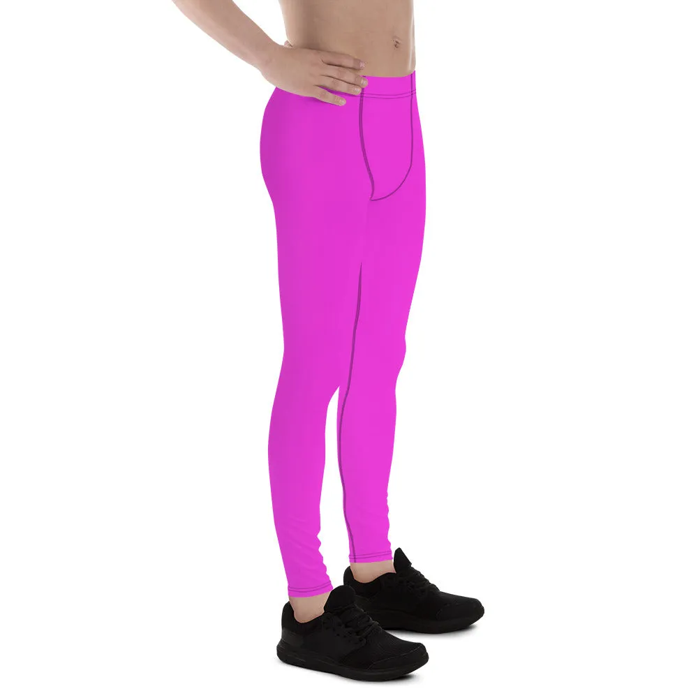 Neon Pink Meggings, Bright Cute Solid Color Pink Premium Quality Men's Running Leggings Run Tights - Made in USA/EU