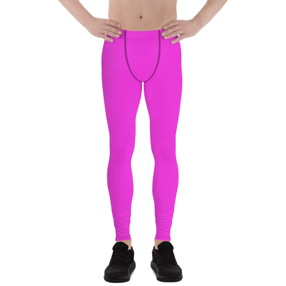 Neon Pink Meggings, Bright Cute Solid Color Pink Premium Quality Men's Running Leggings Run Tights - Made in USA/EU