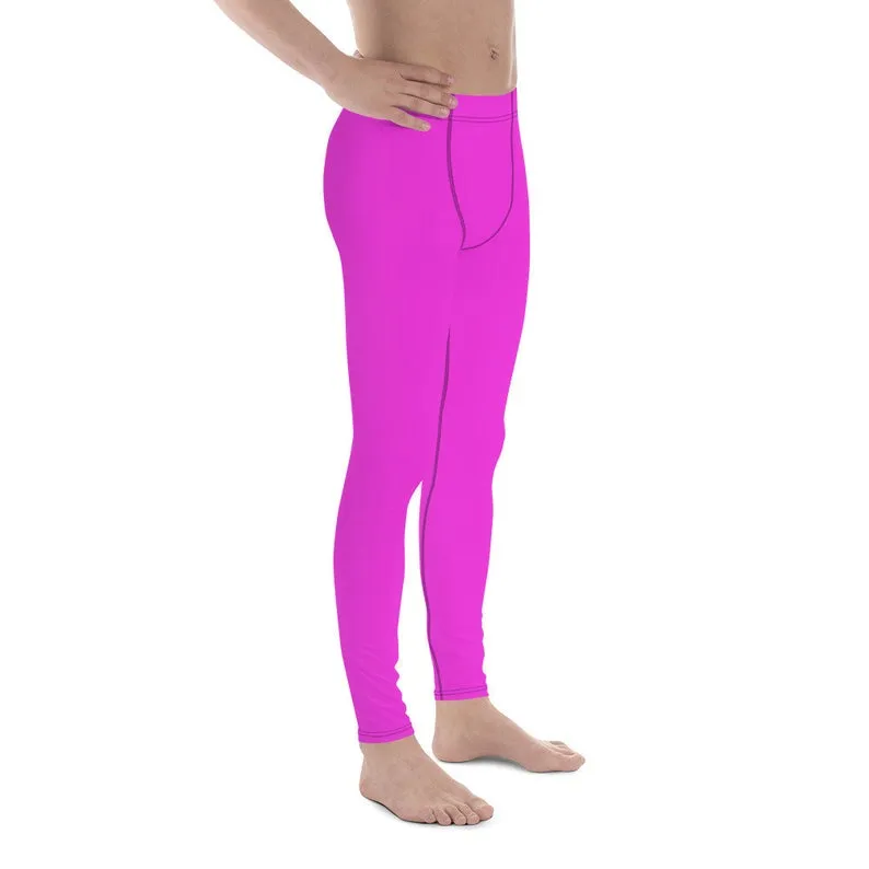 Neon Pink Meggings, Bright Cute Solid Color Pink Premium Quality Men's Running Leggings Run Tights - Made in USA/EU