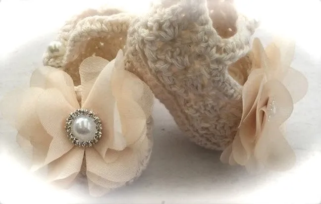 Newborn to one year beige crochet flower booties