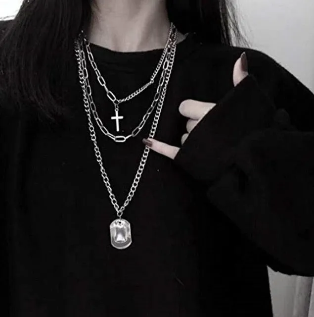 Personality Hip Hop Multilayer Necklace Metal Cross Pendant Silver Necklace Women's Men's Unisex Jewelry