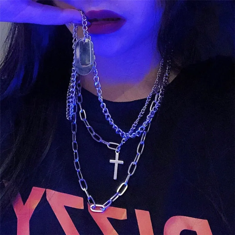 Personality Hip Hop Multilayer Necklace Metal Cross Pendant Silver Necklace Women's Men's Unisex Jewelry