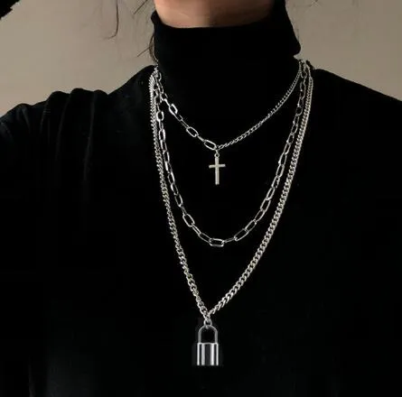 Personality Hip Hop Multilayer Necklace Metal Cross Pendant Silver Necklace Women's Men's Unisex Jewelry