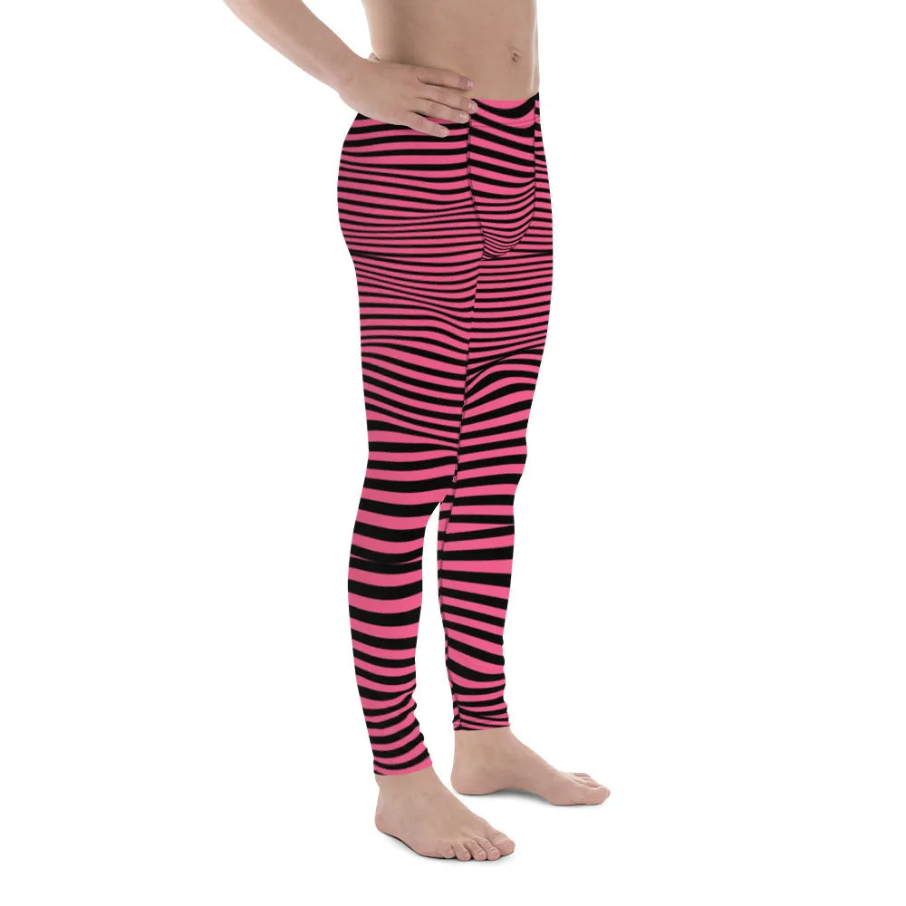 Pink Black Meshed Men's Leggings, Striped Premium Meggings Compression Running Tights-Made in USA/EU/MX