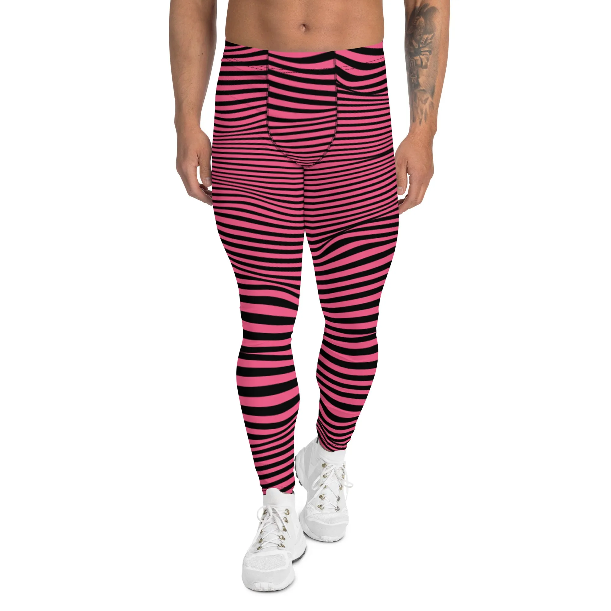 Pink Black Meshed Men's Leggings, Striped Premium Meggings Compression Running Tights-Made in USA/EU/MX