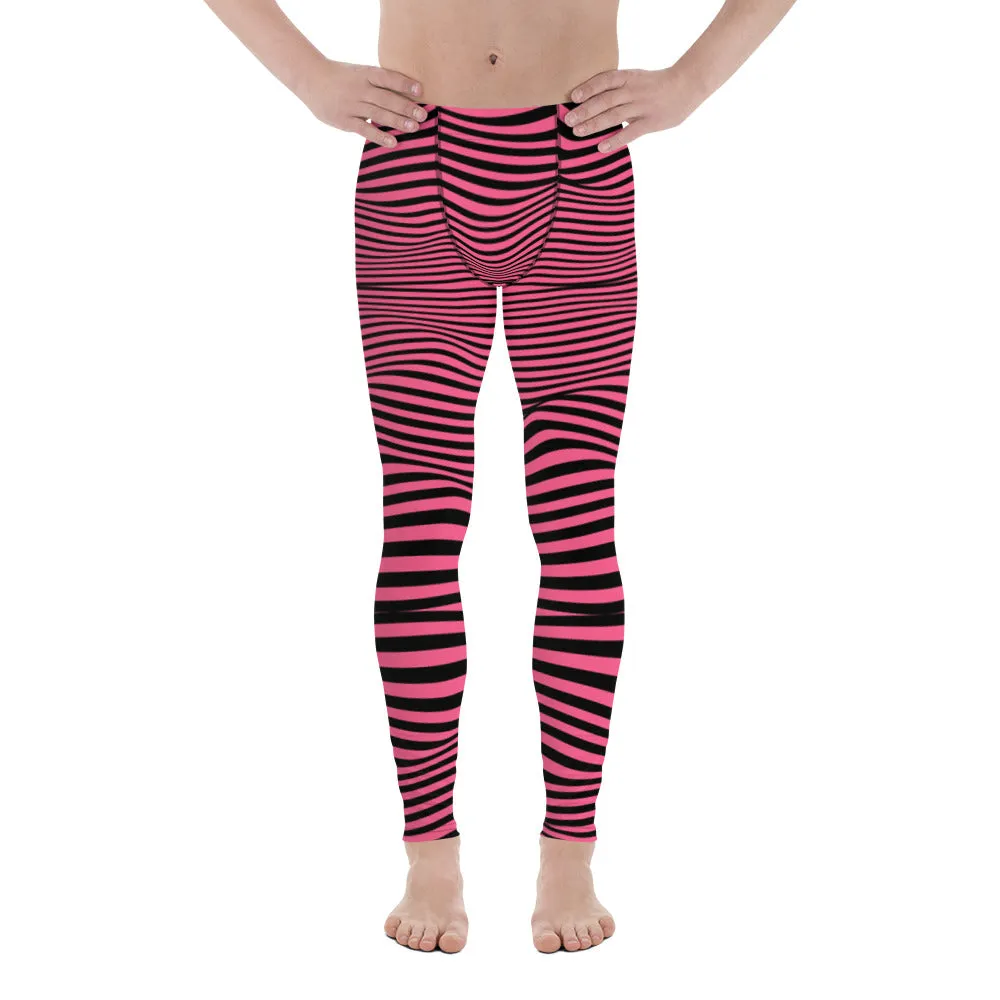 Pink Black Meshed Men's Leggings, Striped Premium Meggings Compression Running Tights-Made in USA/EU/MX