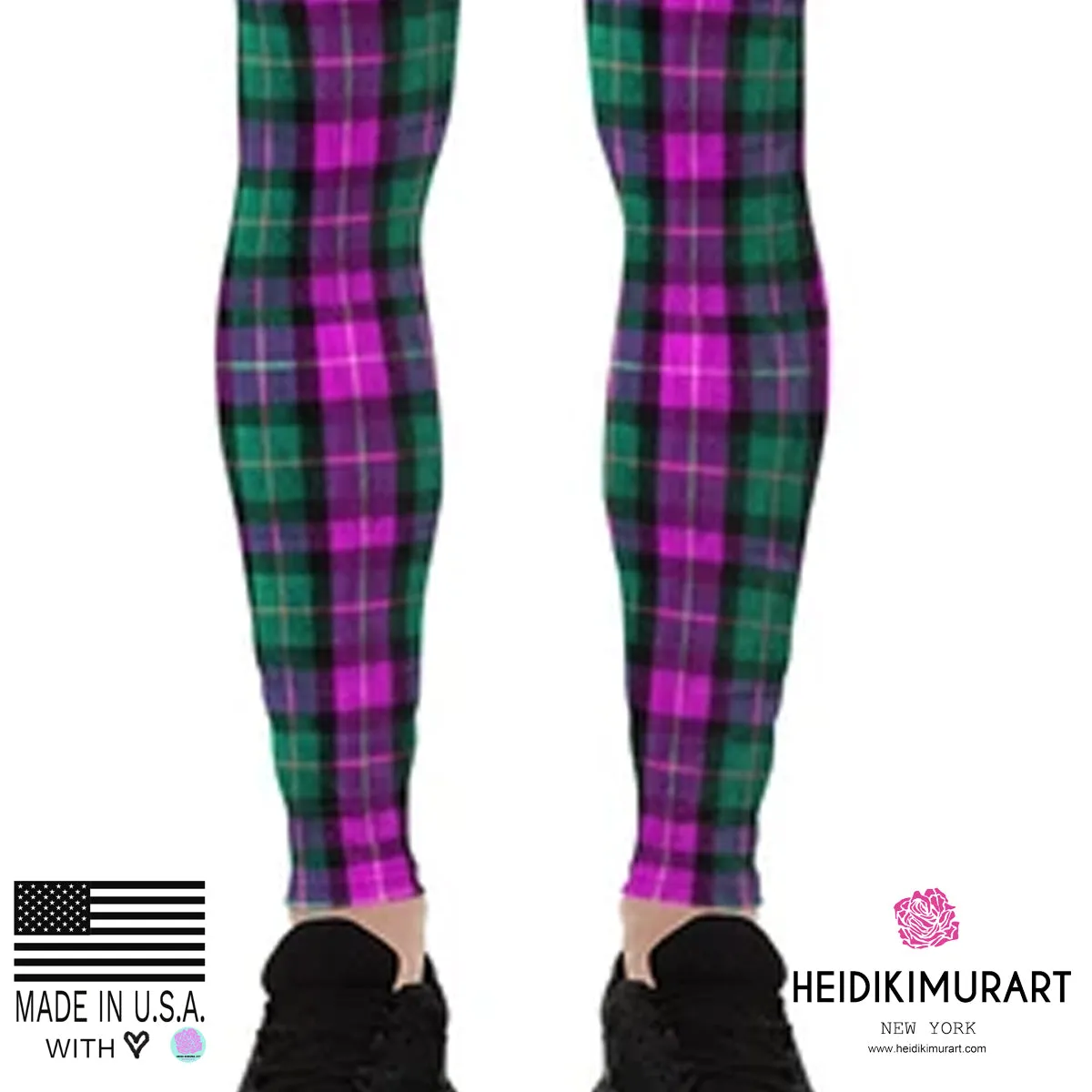 Pink Green Plaid Print Meggings, Pink Green Tartan Plaid Print Best Designer Meggings, Men's Running Leggings Run Tights-Made in USA/EU/MX