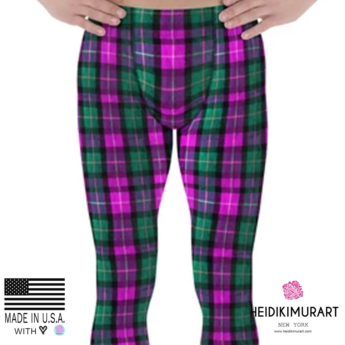 Pink Green Plaid Print Meggings, Pink Green Tartan Plaid Print Best Designer Meggings, Men's Running Leggings Run Tights-Made in USA/EU/MX