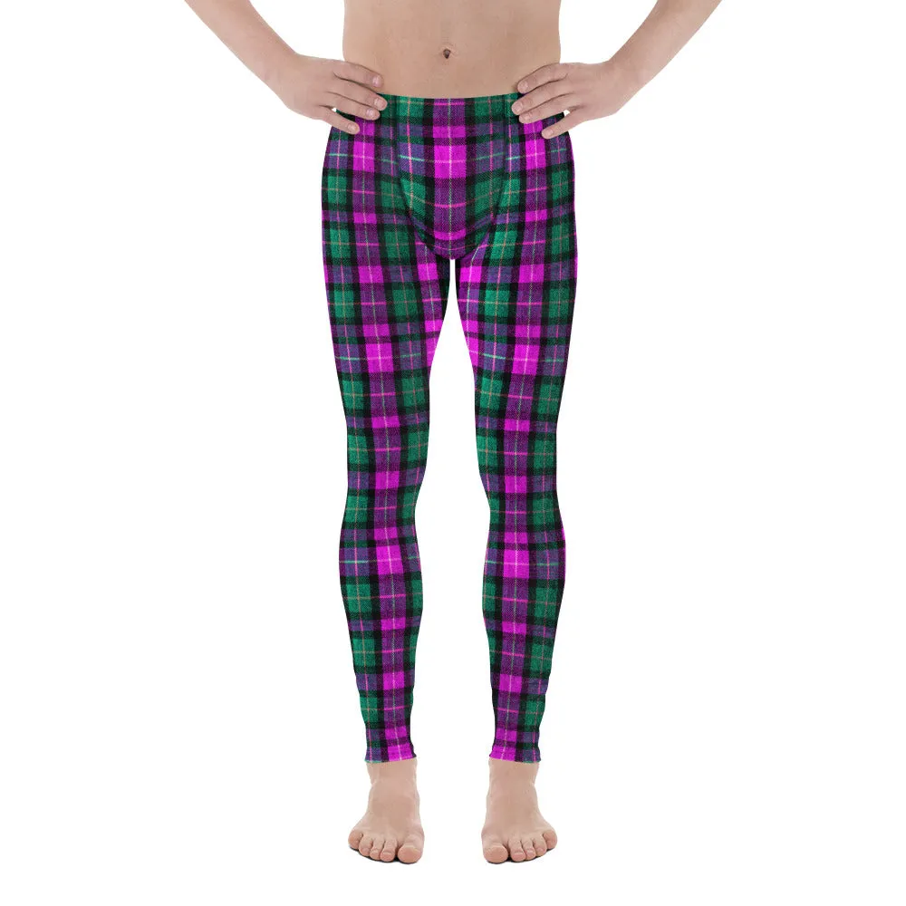 Pink Green Plaid Print Meggings, Pink Green Tartan Plaid Print Best Designer Meggings, Men's Running Leggings Run Tights-Made in USA/EU/MX