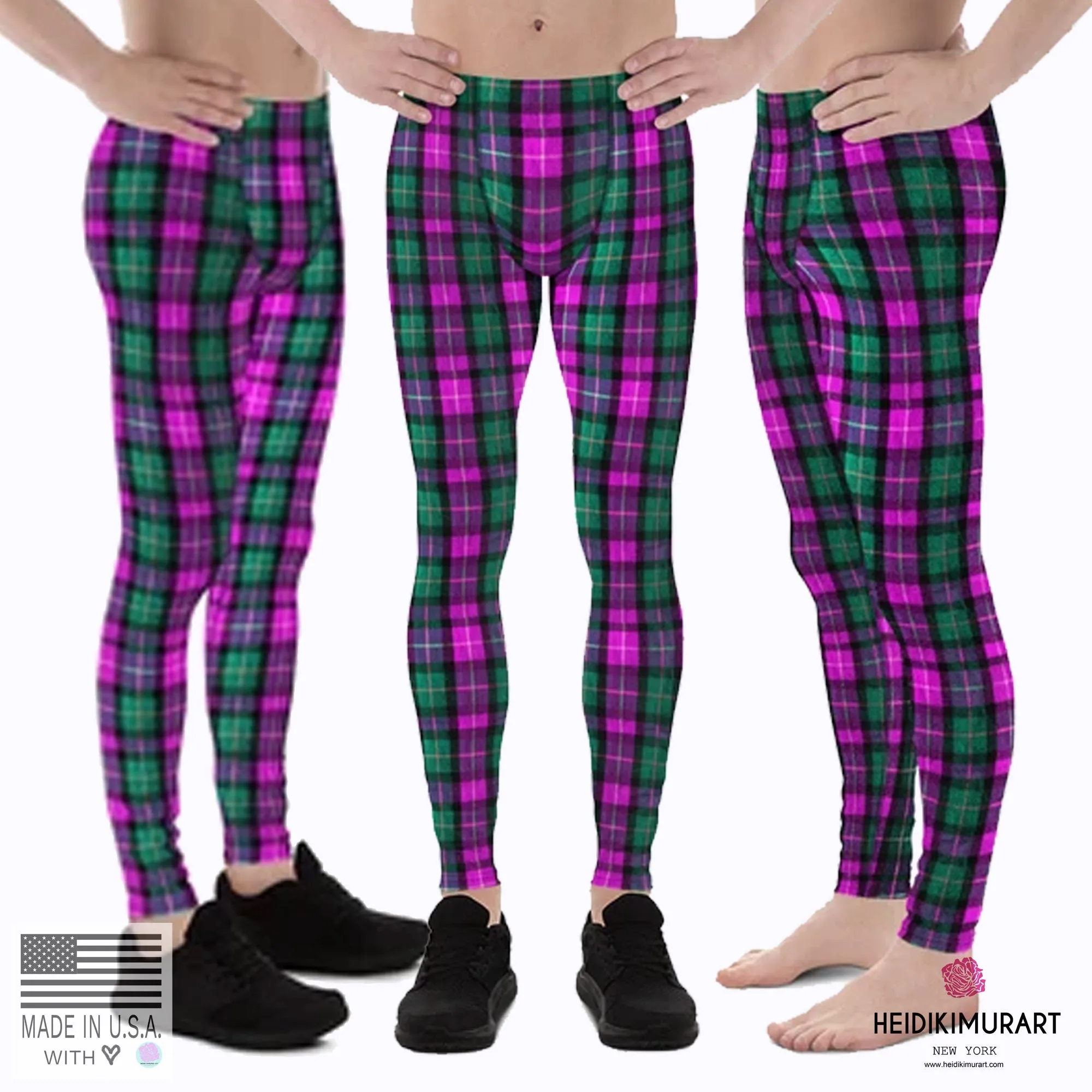 Pink Green Plaid Print Meggings, Pink Green Tartan Plaid Print Best Designer Meggings, Men's Running Leggings Run Tights-Made in USA/EU/MX