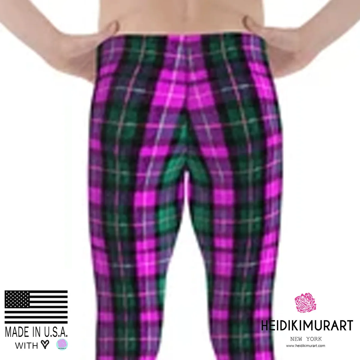 Pink Green Plaid Print Meggings, Pink Green Tartan Plaid Print Best Designer Meggings, Men's Running Leggings Run Tights-Made in USA/EU/MX