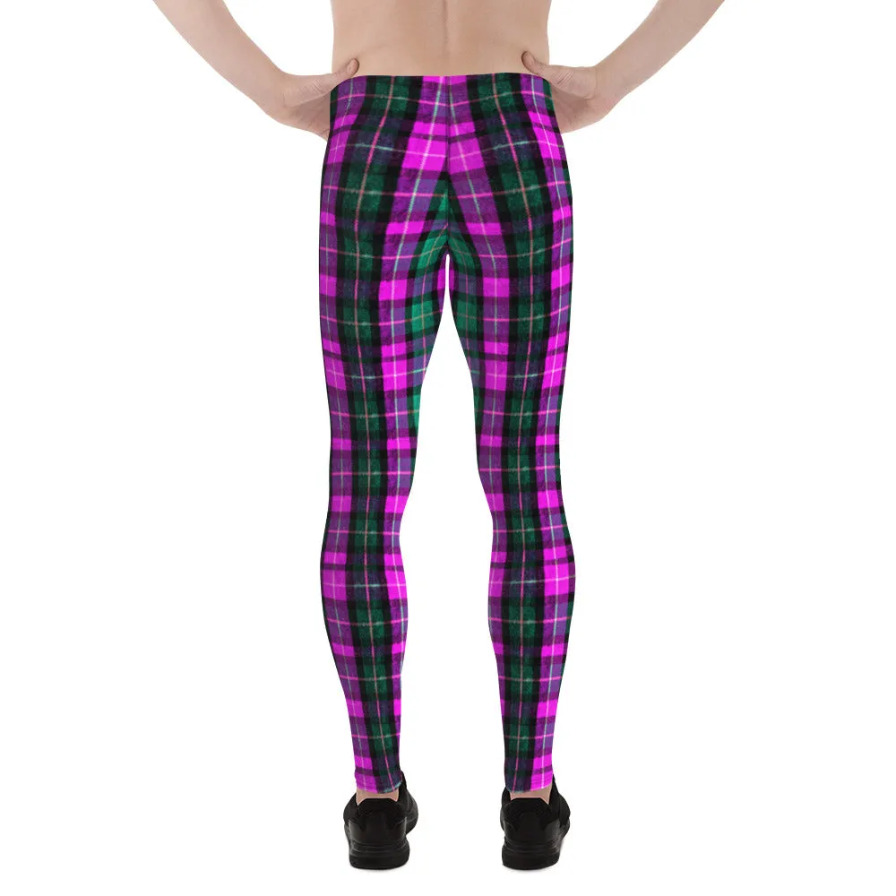 Pink Green Plaid Print Meggings, Pink Green Tartan Plaid Print Best Designer Meggings, Men's Running Leggings Run Tights-Made in USA/EU/MX